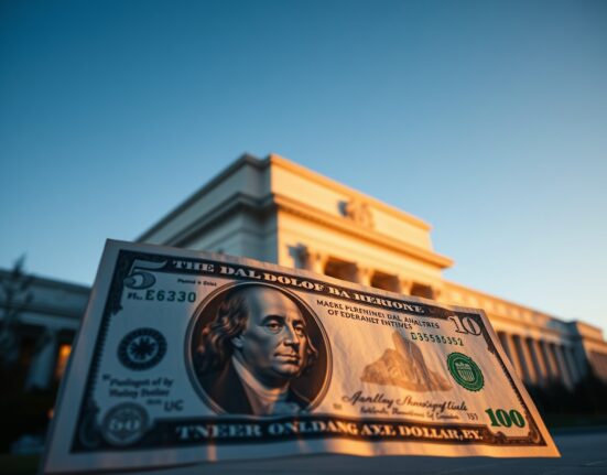 US dollar banknote in foreground with Federal Reserve building in background at dusk