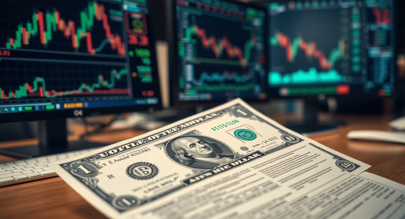 US dollar banknote with hedging contract on a trader's desk