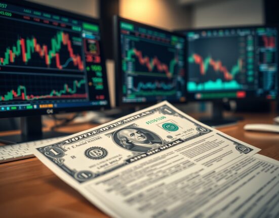 US dollar banknote with hedging contract on a trader's desk