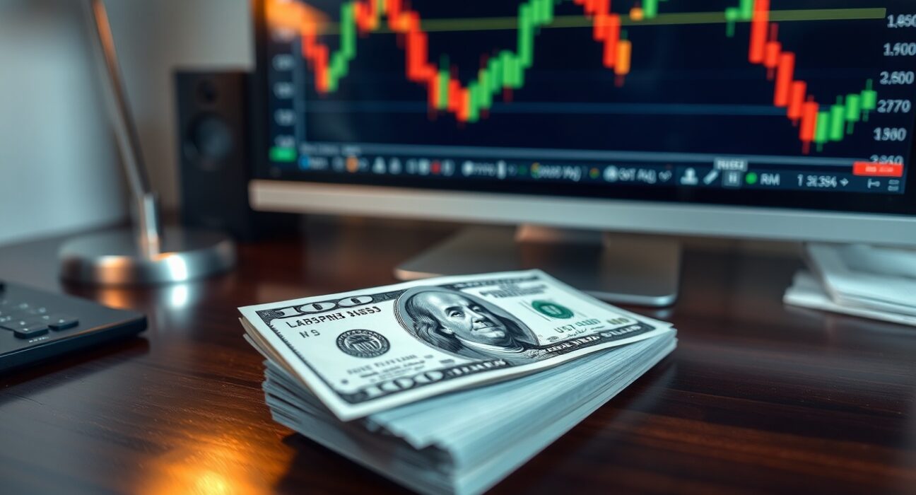 US dollar bill on desk with forex chart in background, illustrating currency strength analysis.