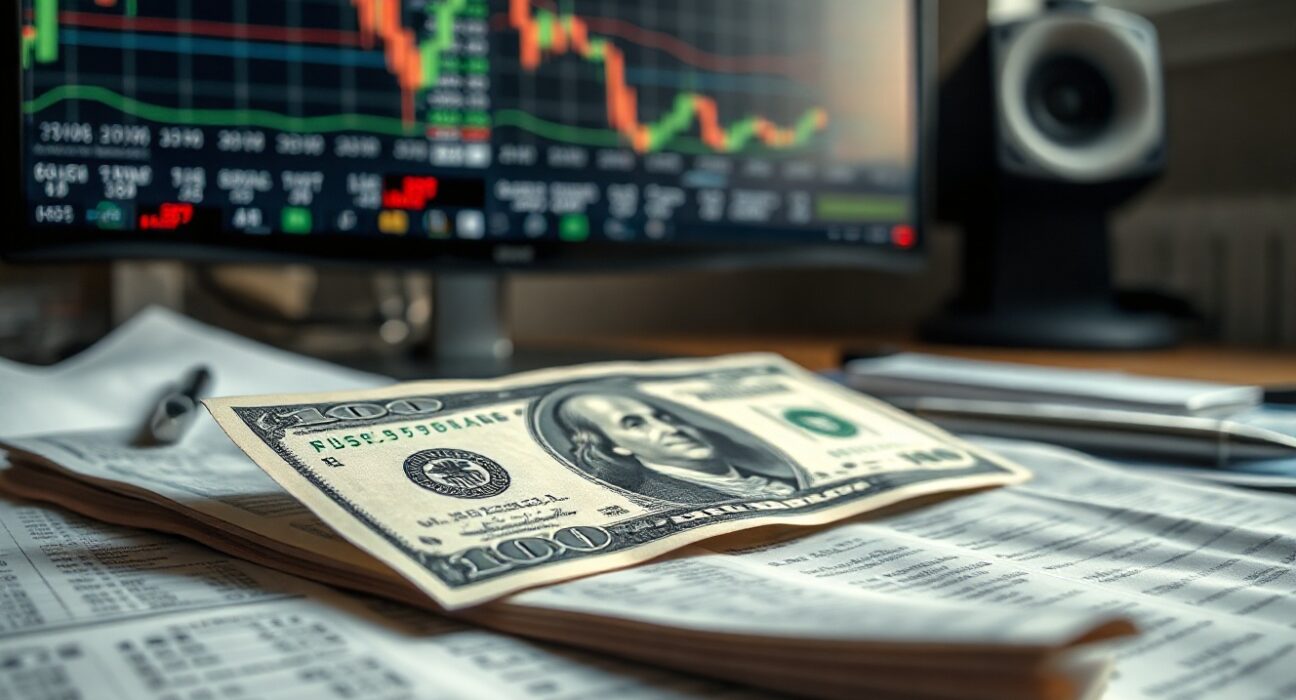 US dollar banknote with financial charts in background