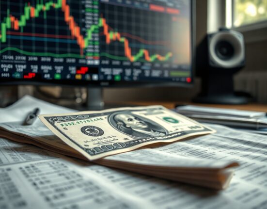US dollar banknote with financial charts in background