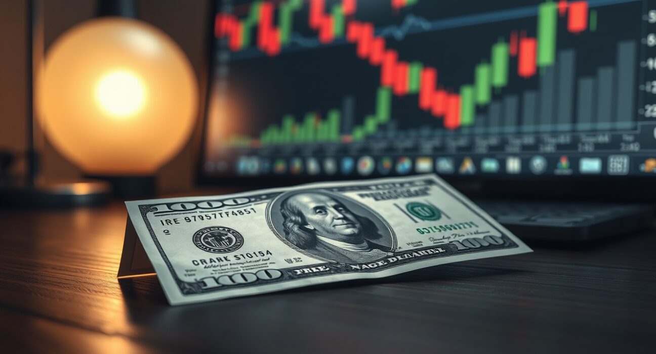 US Dollar banknote on a desk with a financial chart in the background, representing market caution ahead of economic data.
