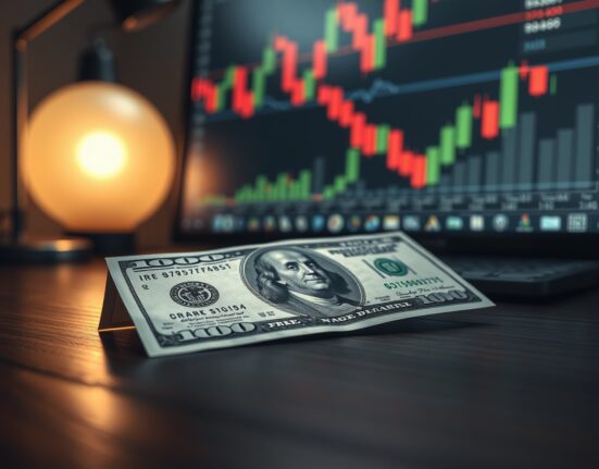 US Dollar banknote on a desk with a financial chart in the background, representing market caution ahead of economic data.