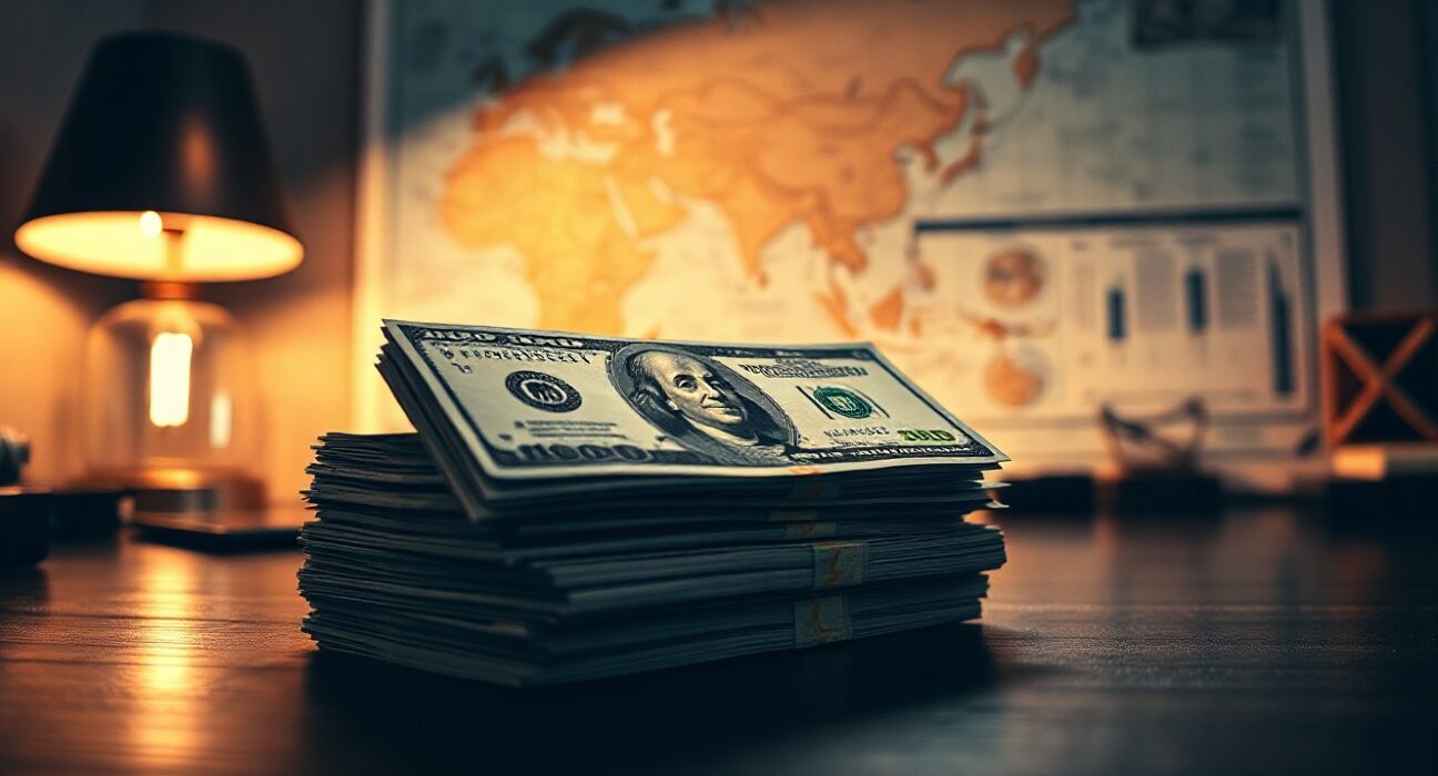 Stack of US Dollar bills on a desk with a world map in the background, representing forex and geopolitical stability.