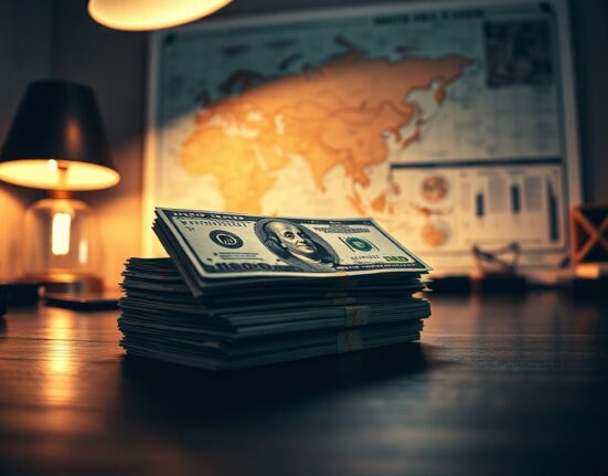 Stack of US Dollar bills on a desk with a world map in the background, representing forex and geopolitical stability.