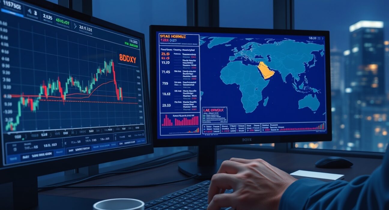 Forex trading desk monitoring US Dollar strength and Strait of Hormuz geopolitical tensions.