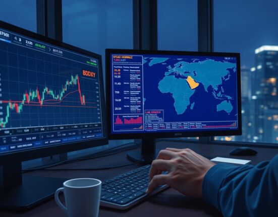 Forex trading desk monitoring US Dollar strength and Strait of Hormuz geopolitical tensions.