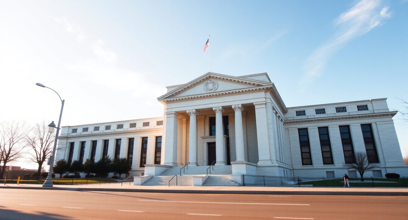 Federal Reserve building in Washington D.C. on a clear morning, representing cautious monetary policy.