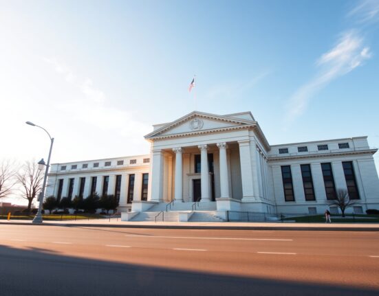 Federal Reserve building in Washington D.C. on a clear morning, representing cautious monetary policy.