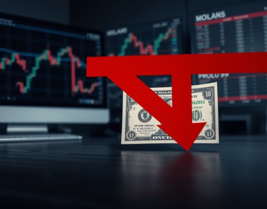 US dollar banknote with a red barrier symbolizing upside cap, financial chart in background