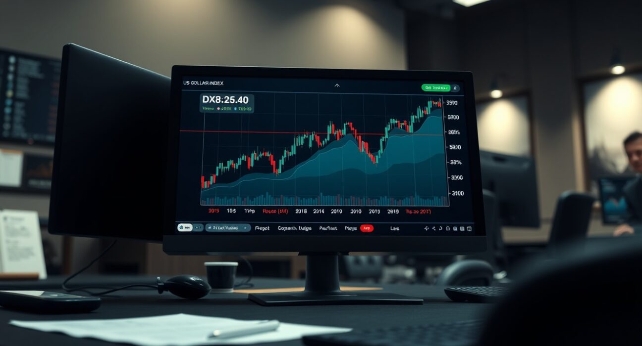 US Dollar Index chart showing price surge to 100.50 on a financial terminal screen.