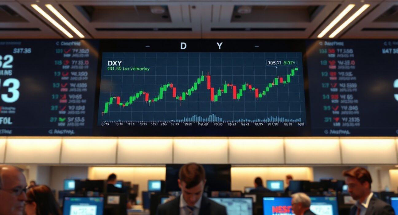 Digital display showing US Dollar Index chart near 101.50 on a trading floor