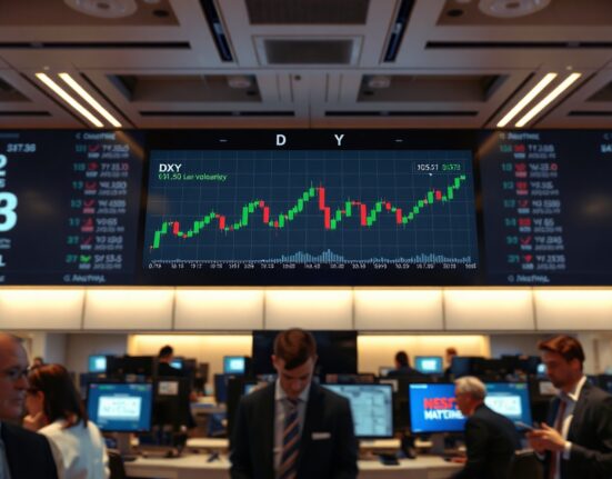 Digital display showing US Dollar Index chart near 101.50 on a trading floor