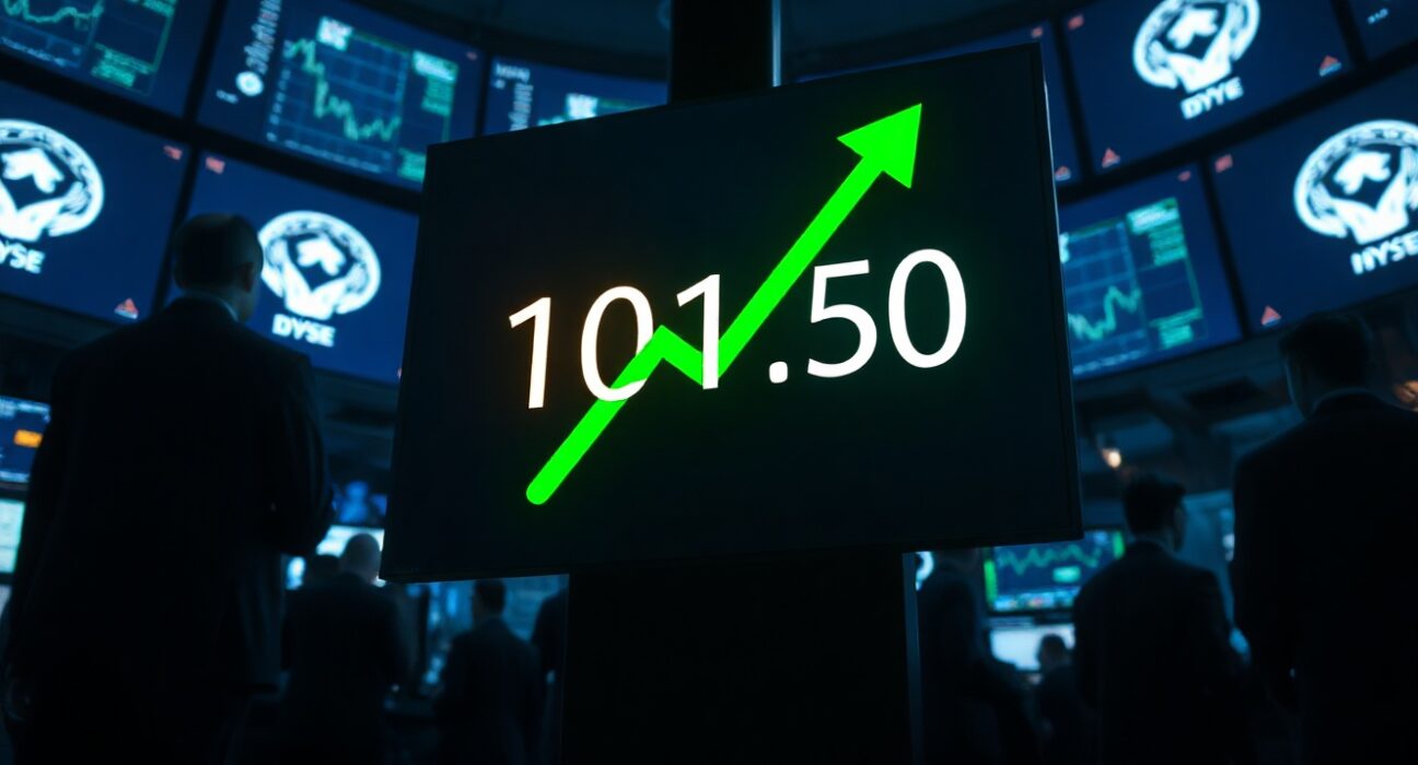 US Dollar Index digital display showing value near 101.50 with an upward trend in a modern trading floor environment.