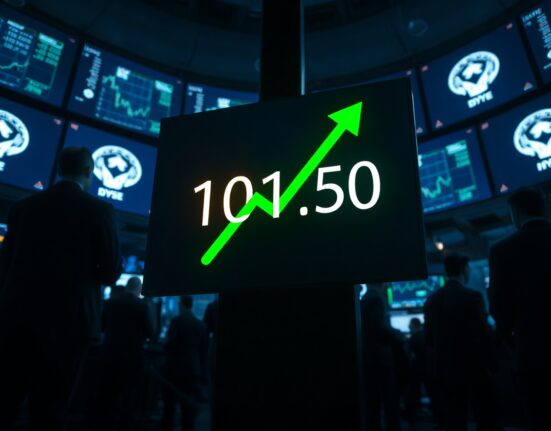 US Dollar Index digital display showing value near 101.50 with an upward trend in a modern trading floor environment.