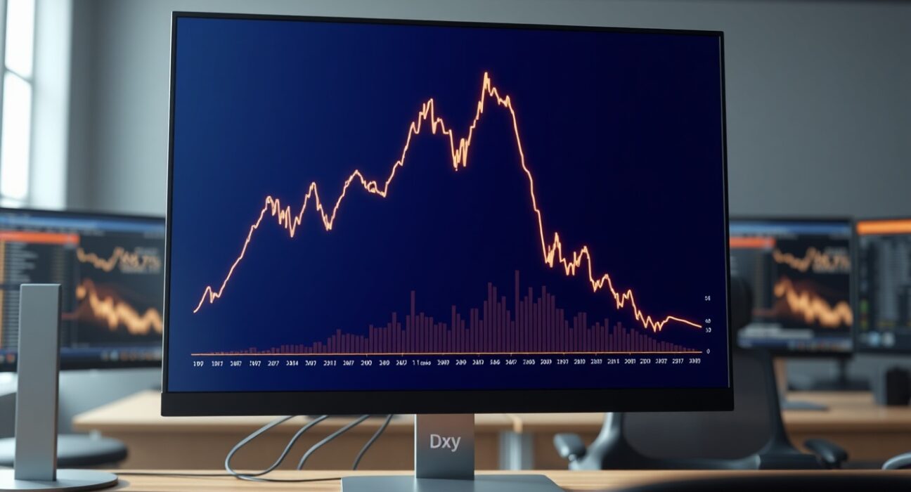US Dollar Index chart showing a sharp rally to a 15-week high followed by a pullback on trading desk monitors.