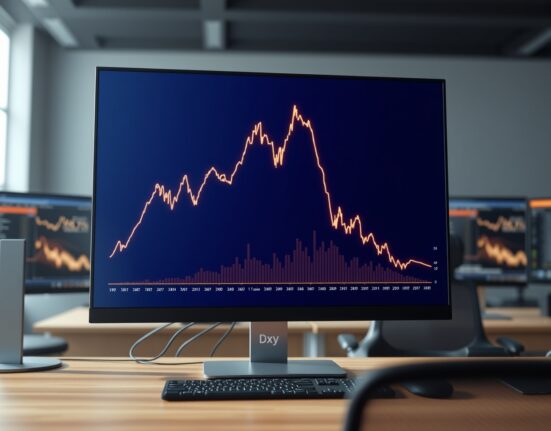 US Dollar Index chart showing a sharp rally to a 15-week high followed by a pullback on trading desk monitors.