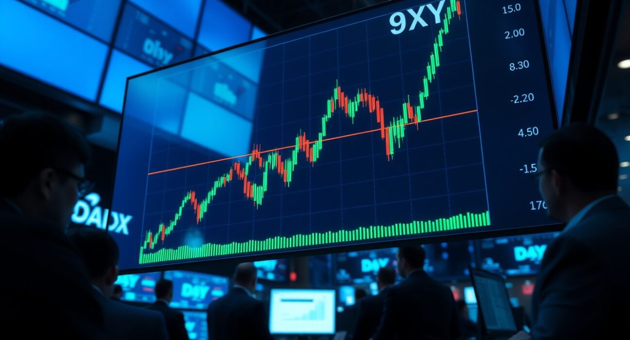 US Dollar Index chart showing upward trend near 98.30 level on trading floor screen