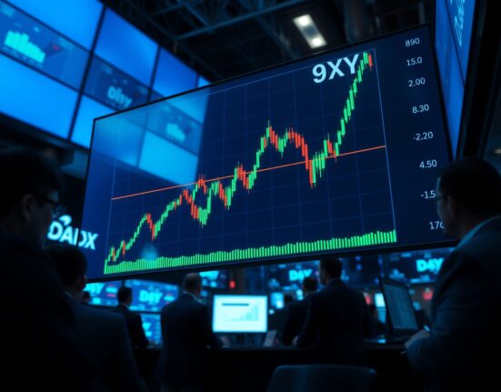 US Dollar Index chart showing upward trend near 98.30 level on trading floor screen