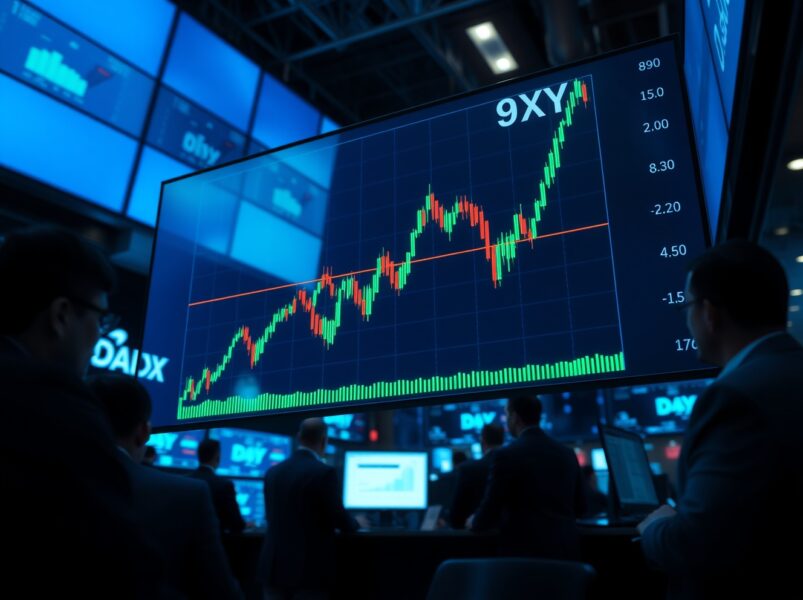 US Dollar Index chart showing upward trend near 98.30 level on trading floor screen