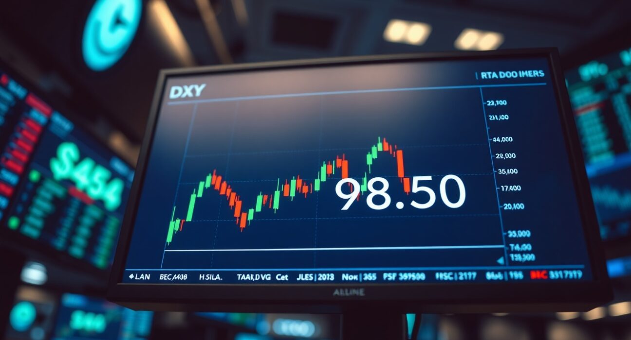 US dollar index chart showing level near 98.50 on a trading screen