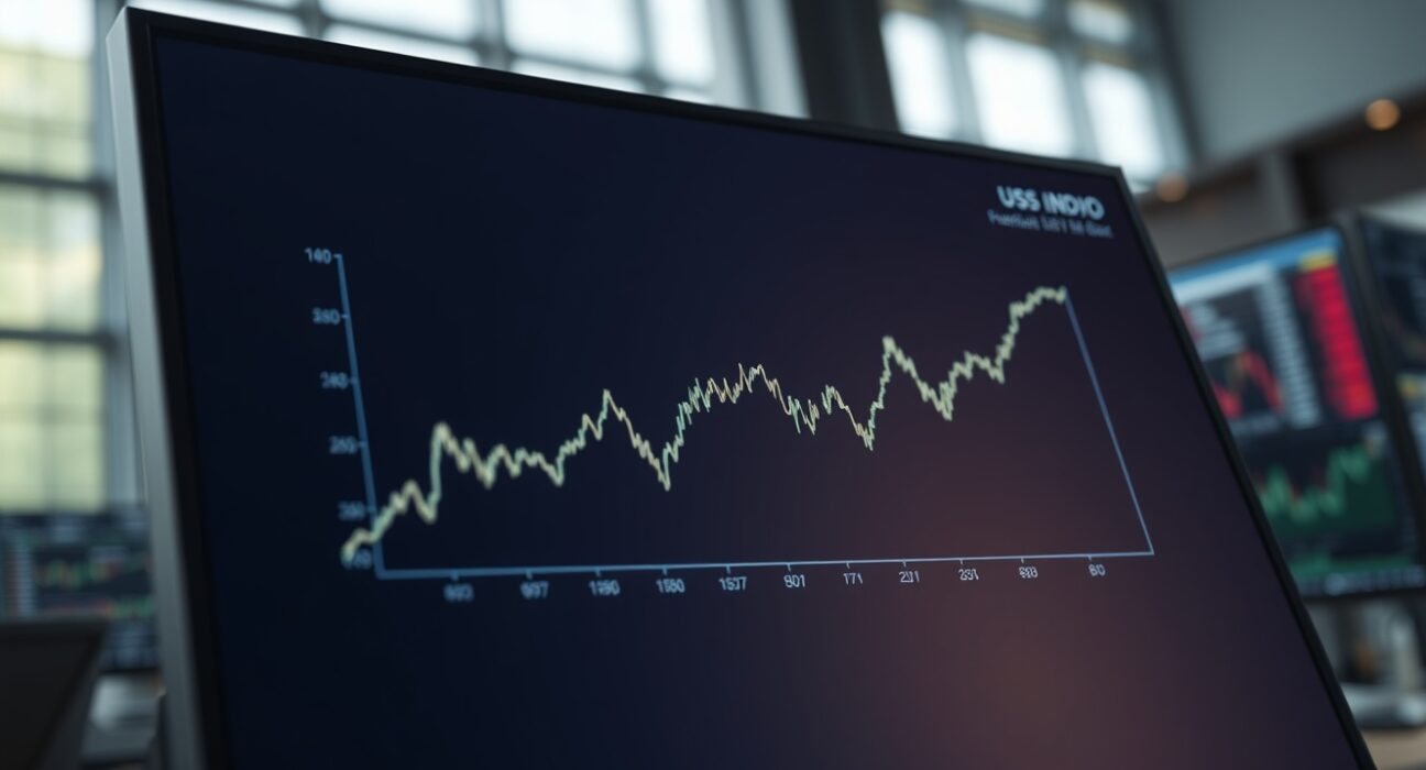 US Dollar Index chart holding steady above the 98.00 level on a trading desk monitor.