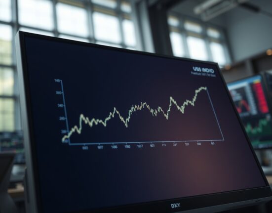 US Dollar Index chart holding steady above the 98.00 level on a trading desk monitor.