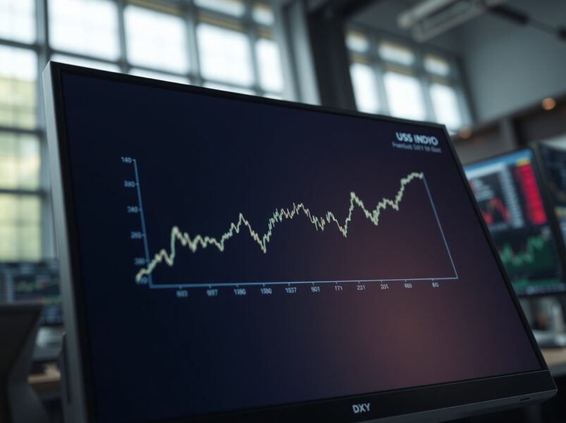 US Dollar Index chart holding steady above the 98.00 level on a trading desk monitor.