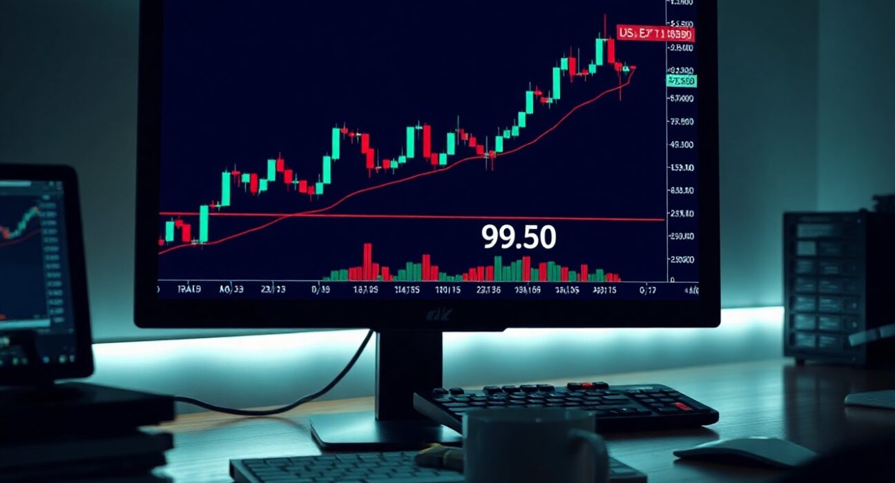 DXY chart approaching 99.50 resistance level on a trading screen