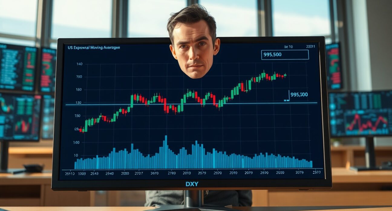 Financial analyst monitoring US Dollar Index chart testing 99.50 support level.
