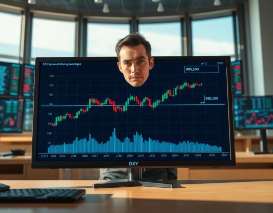 Financial analyst monitoring US Dollar Index chart testing 99.50 support level.