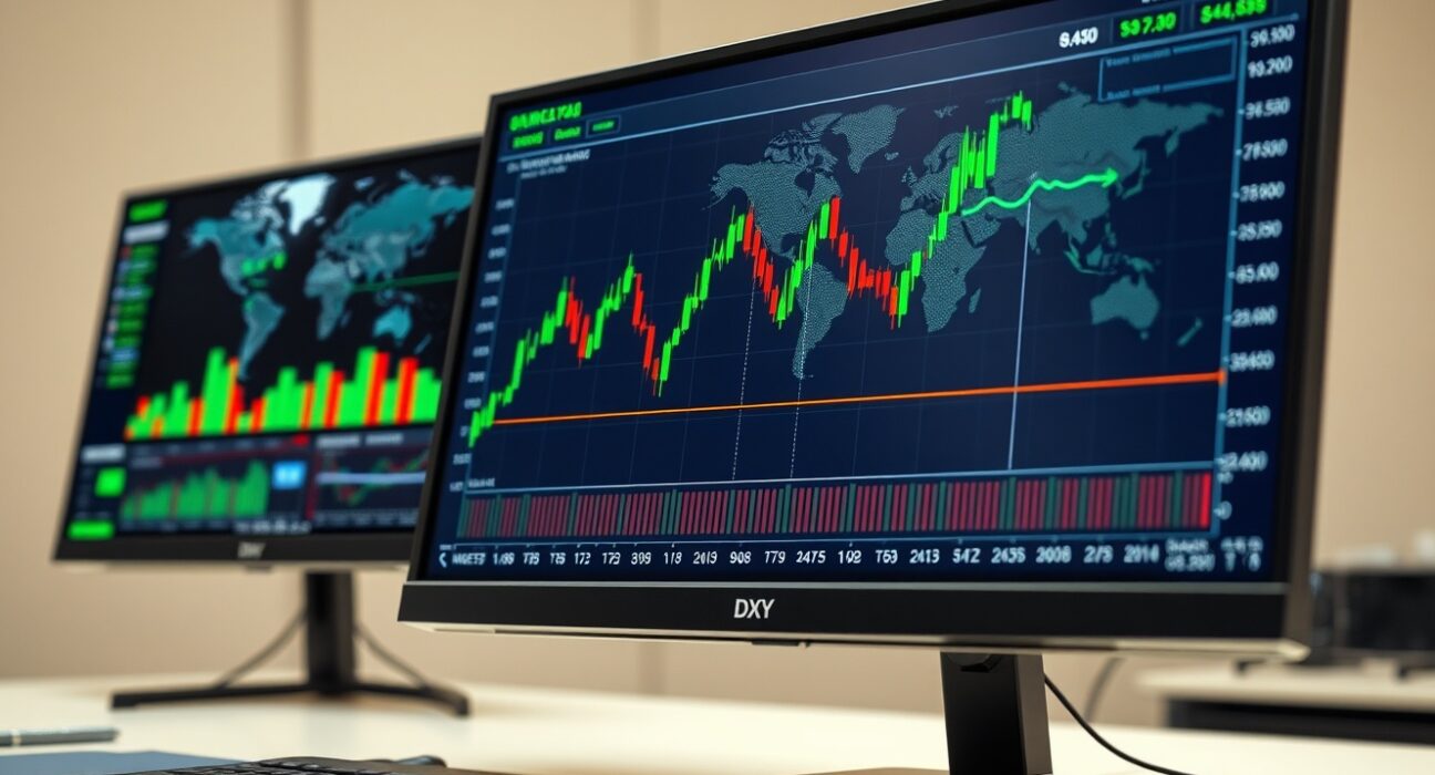 US Dollar Index chart showing a strong rise above the 98.00 level on a professional trading desk monitor.