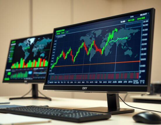 US Dollar Index chart showing a strong rise above the 98.00 level on a professional trading desk monitor.