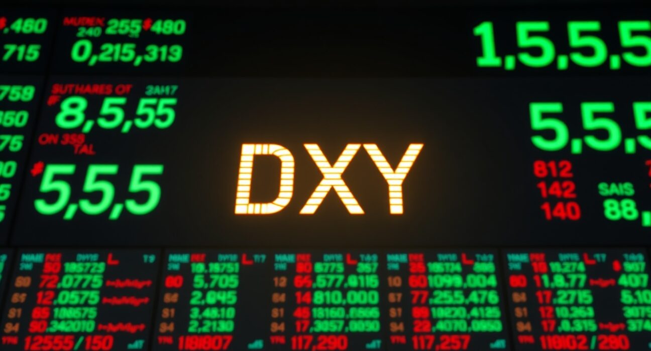 US Dollar Index DXY ticker on a stock exchange board with market data