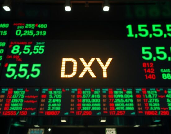 US Dollar Index DXY ticker on a stock exchange board with market data