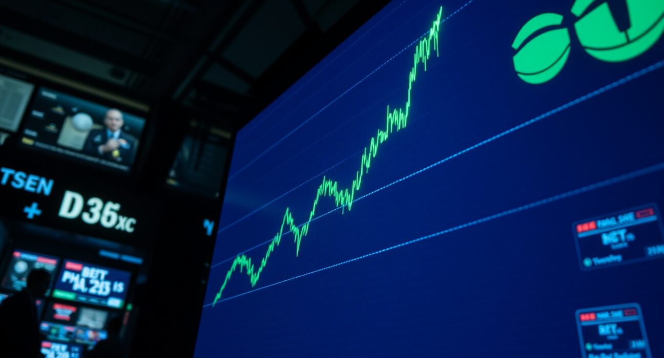 US Dollar Index chart showing an upward trend on a trading floor screen amid geopolitical tensions.