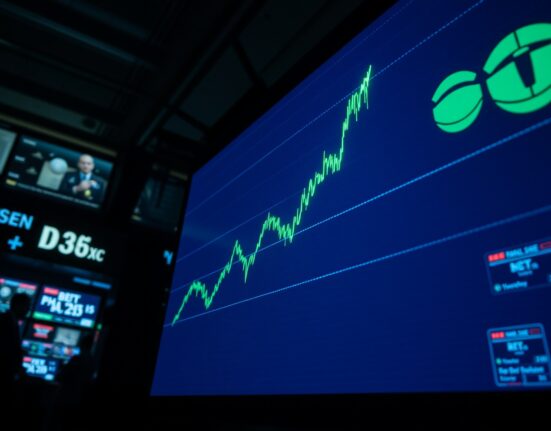 US Dollar Index chart showing an upward trend on a trading floor screen amid geopolitical tensions.