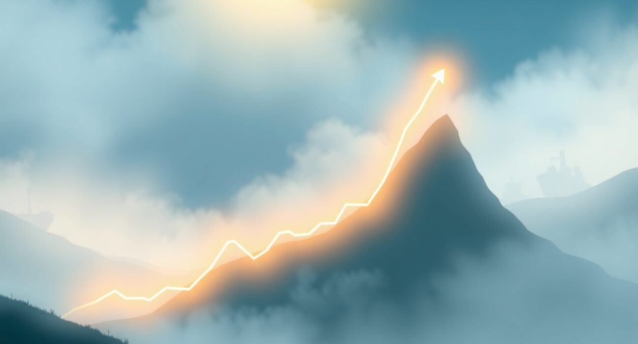 US Dollar Index chart rising despite global trade uncertainty, visualized in an artistic style.