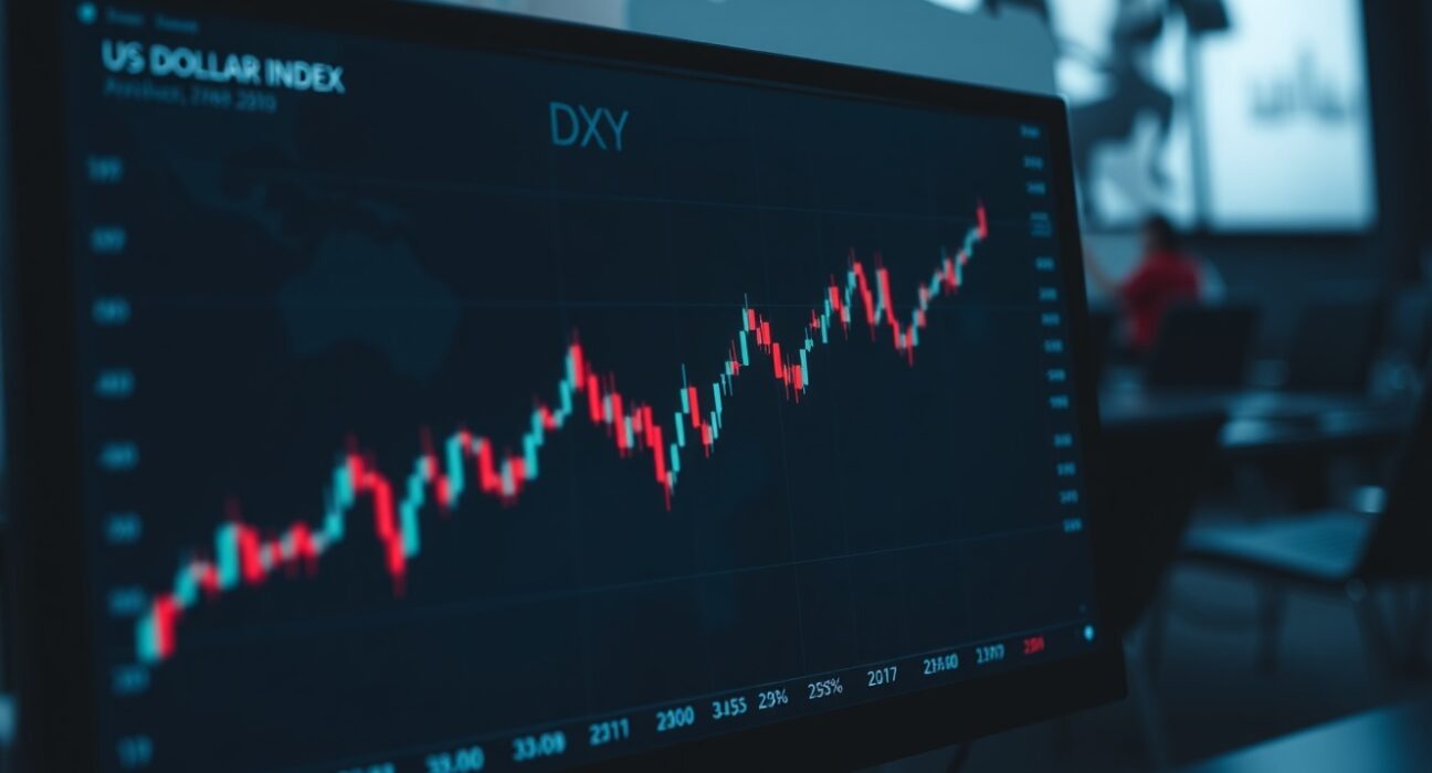 US Dollar Index chart showing upward trend on a trading desk monitor in a newsroom setting