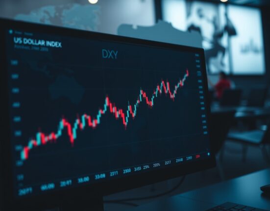US Dollar Index chart showing upward trend on a trading desk monitor in a newsroom setting