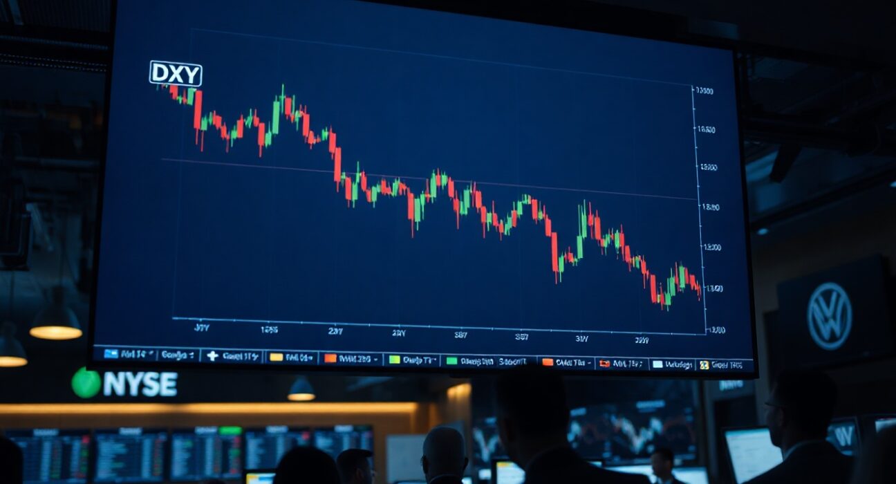 US Dollar Index chart trading below 100.00 on a screen in a trading floor
