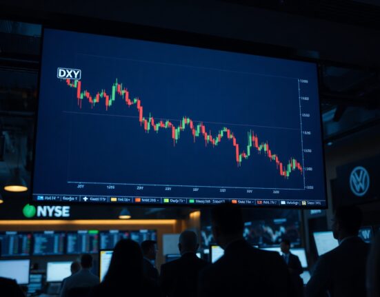 US Dollar Index chart trading below 100.00 on a screen in a trading floor