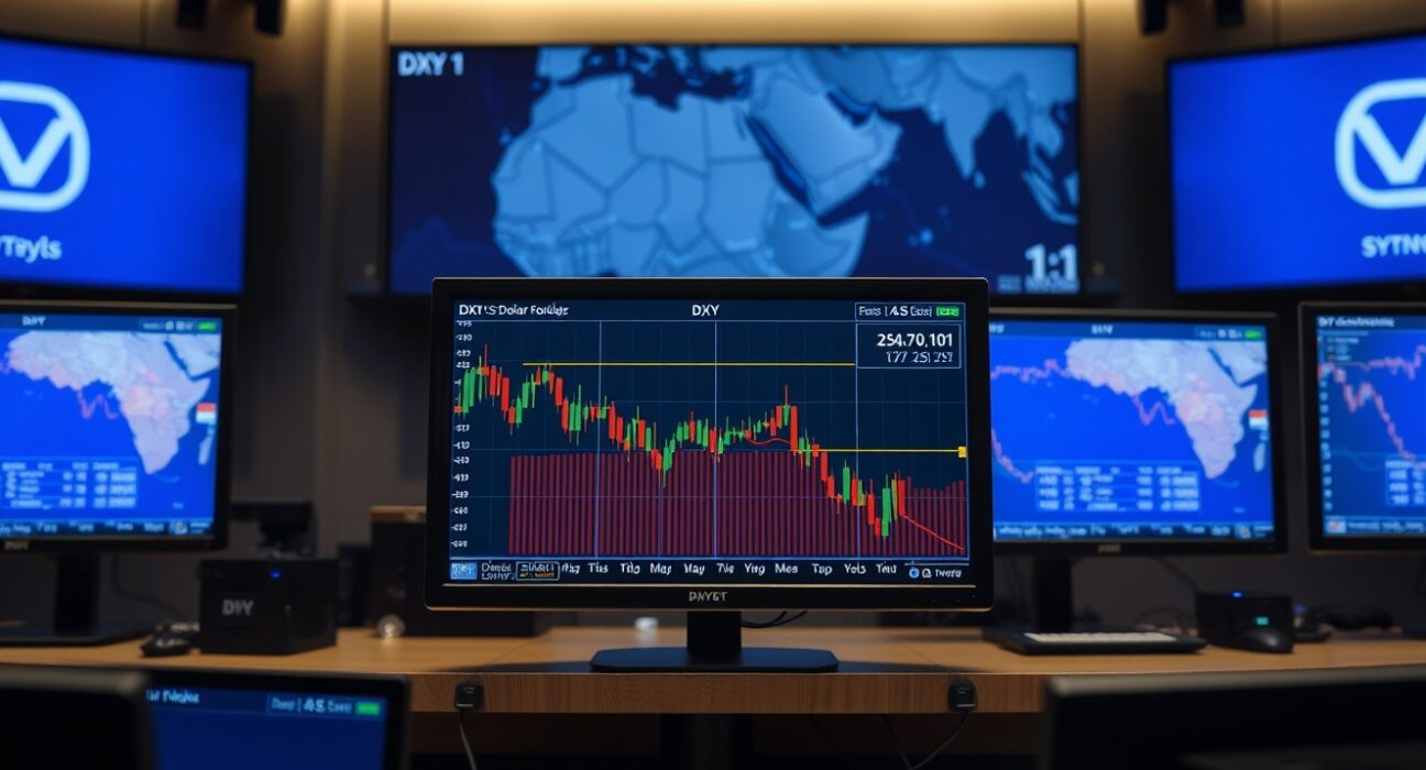 Financial trading desk monitors showing US Dollar Index chart below 101 level with Middle East map in background.