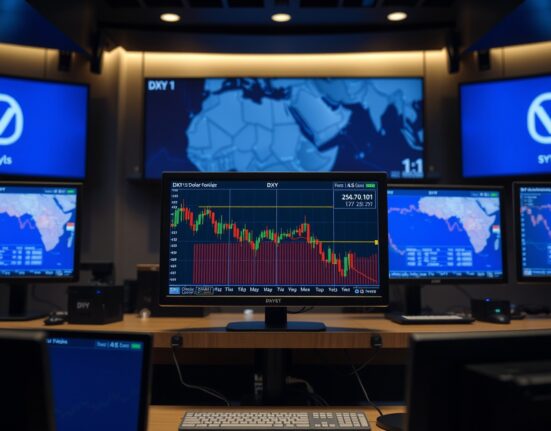 Financial trading desk monitors showing US Dollar Index chart below 101 level with Middle East map in background.