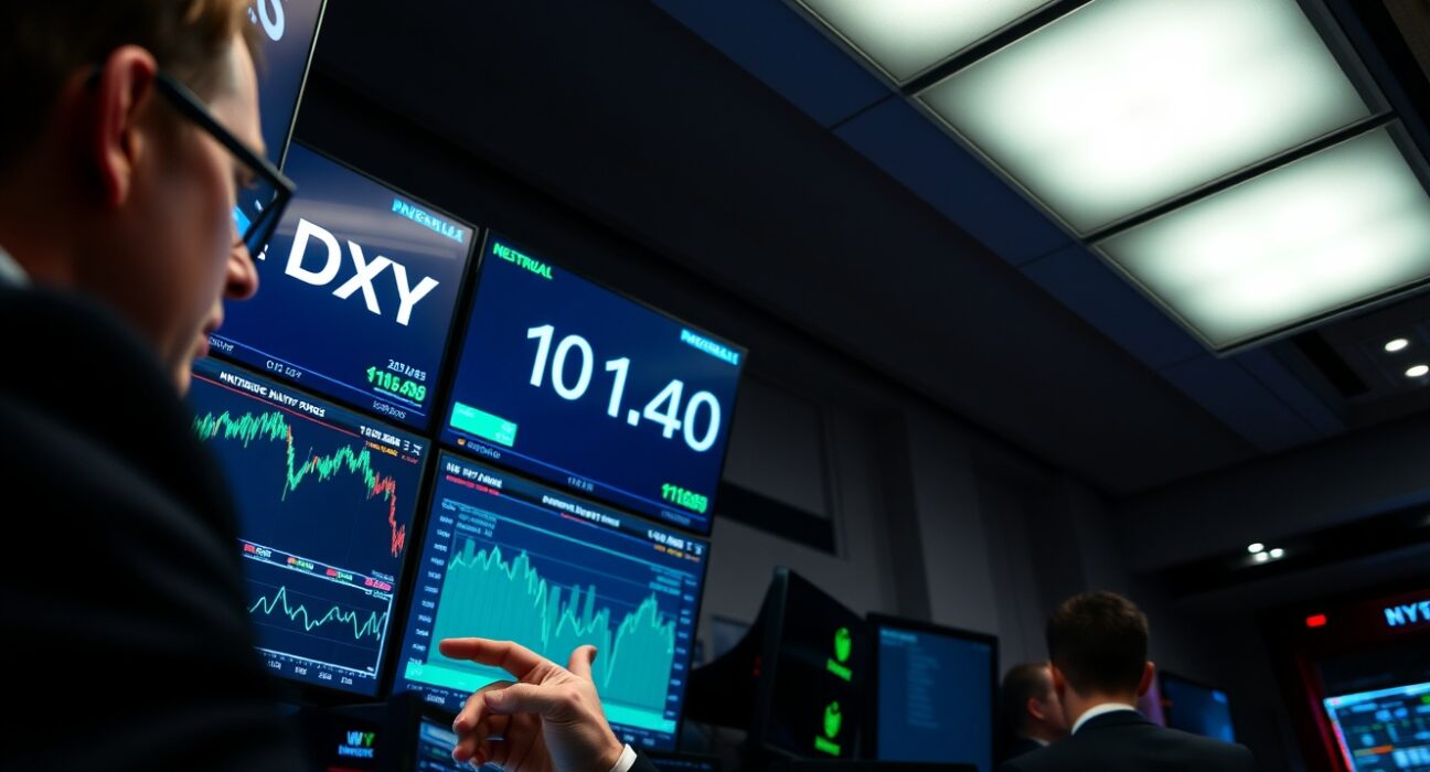 Trader monitors US Dollar Index falling below 101.50 on trading floor screens after PCE inflation release