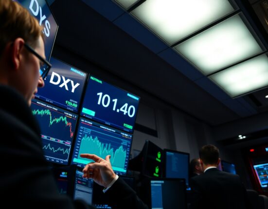 Trader monitors US Dollar Index falling below 101.50 on trading floor screens after PCE inflation release