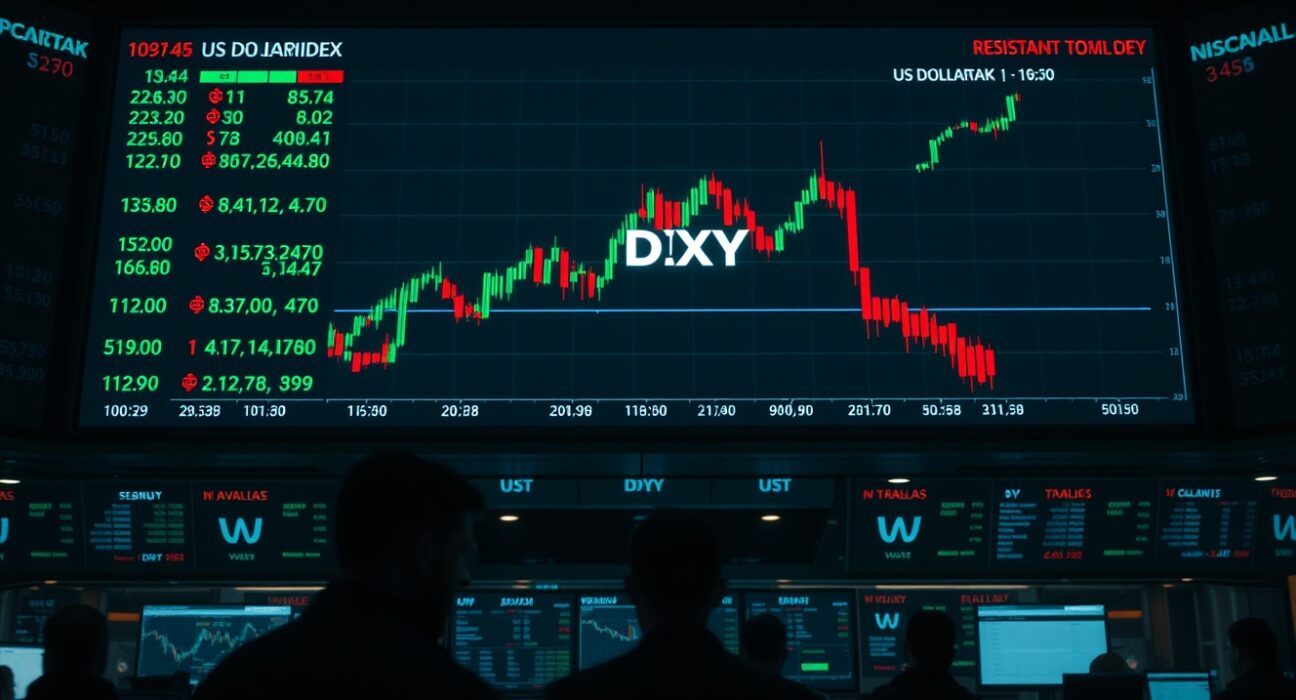 Trading floor electronic board showing US Dollar Index chart with upward breakout