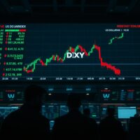 Trading floor electronic board showing US Dollar Index chart with upward breakout