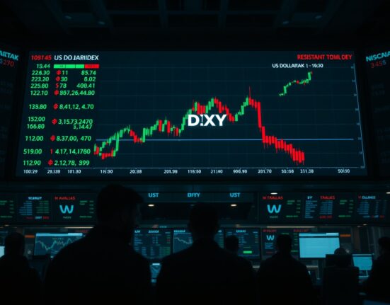 Trading floor electronic board showing US Dollar Index chart with upward breakout